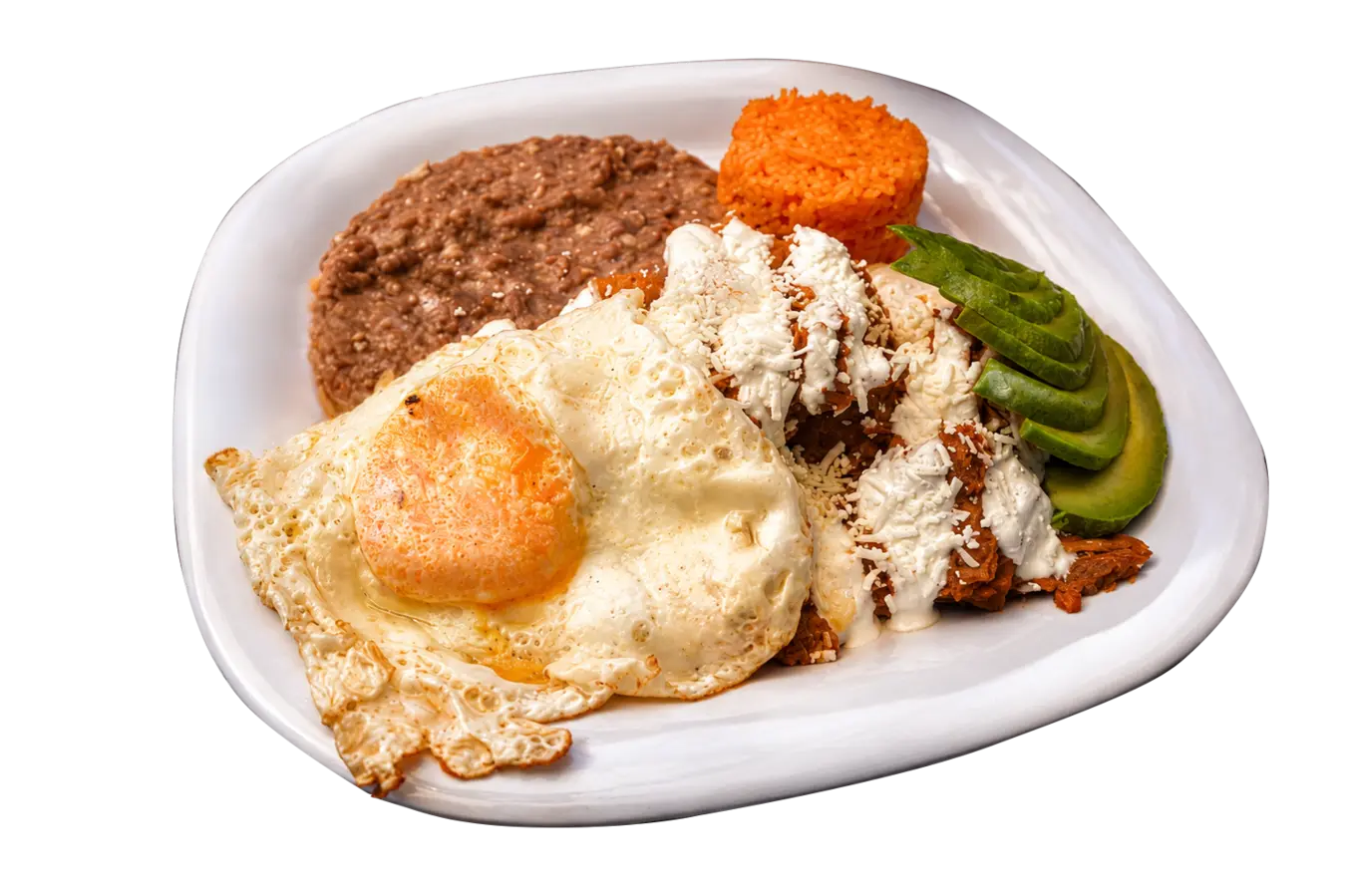 Plato de chilaquiles con huevo, arroz, frijoles y aguacate